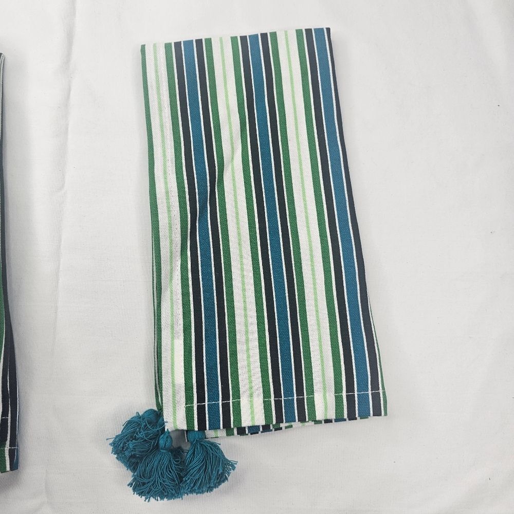 Pier 1 Imports Cotton Napkin Green Teal Black White Striped With Tassel 7ct